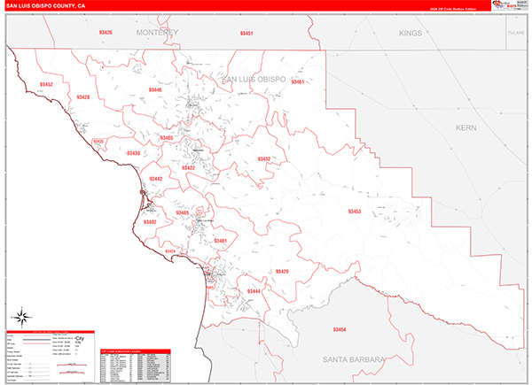 San Luis Obispo County, CA Map Red Line Style